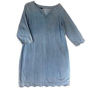 Talbots Petites Blue Cotton Chambray Scalloped Shift Summer Dress 12P NWT $109